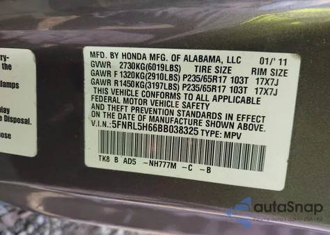 2011 Honda Odyssey Ex-L z USA, uszkodzony, nr VIN 5FNRL5H66BB038325